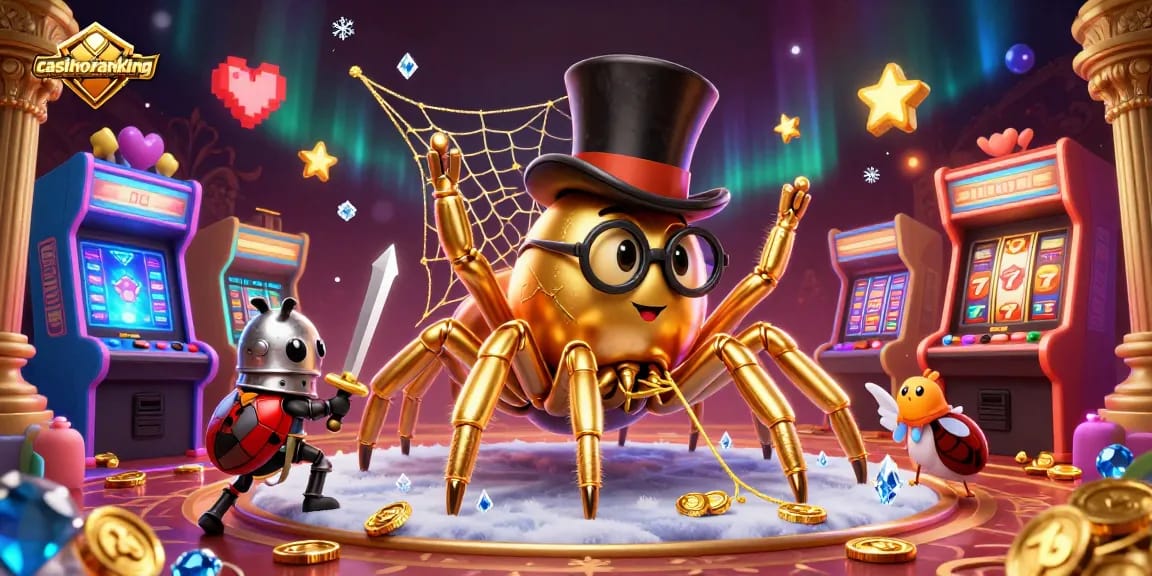 Experience immersive games at casinoranking featuring golden tarantula and beetle in a colorful casino environment.
