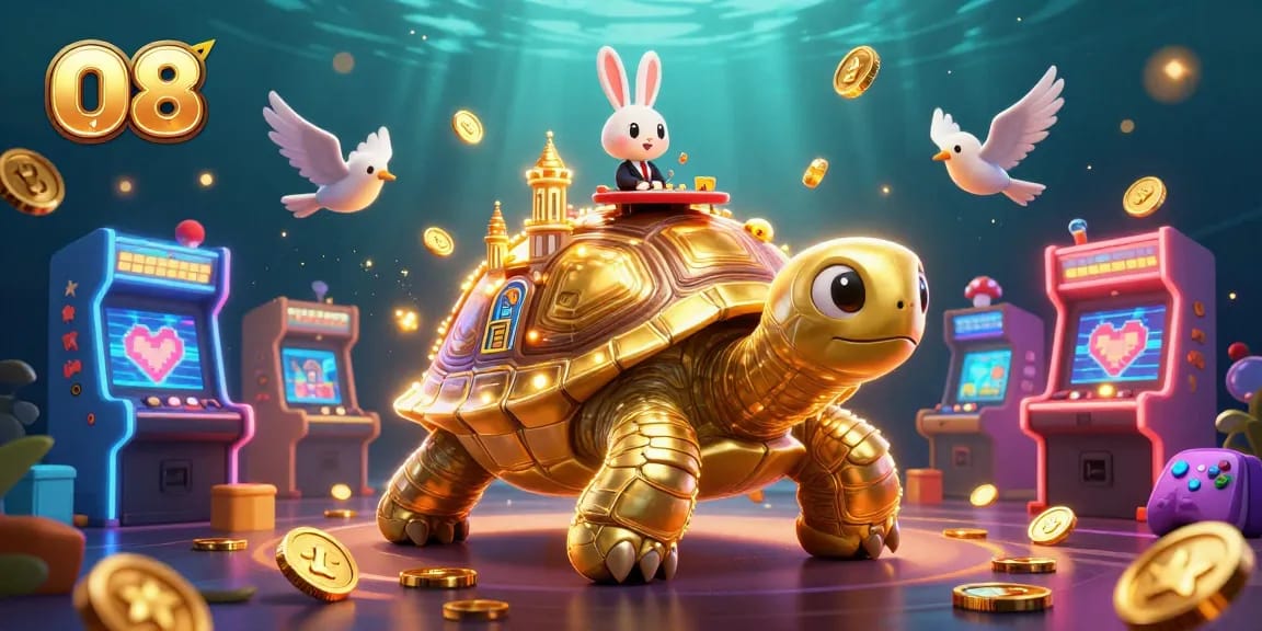 Experience the excitement of O8 with a golden tortoise casino scene filled with vibrant elements.