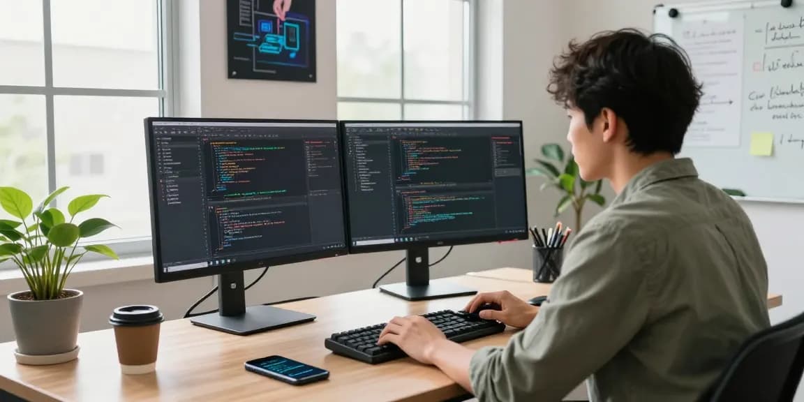 Developer engaged in WhatsApp下載 coding tasks at a modern workspace.