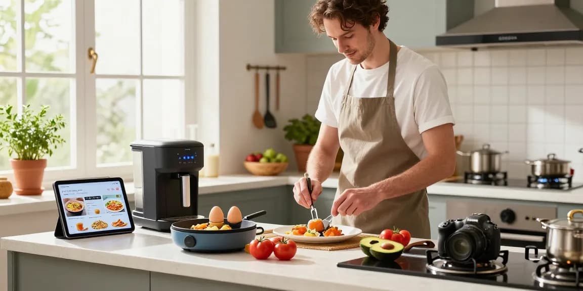 Chef using smart kitchen gadgets like a coffee maker and egg cooker to prepare breakfast in a bright kitchen