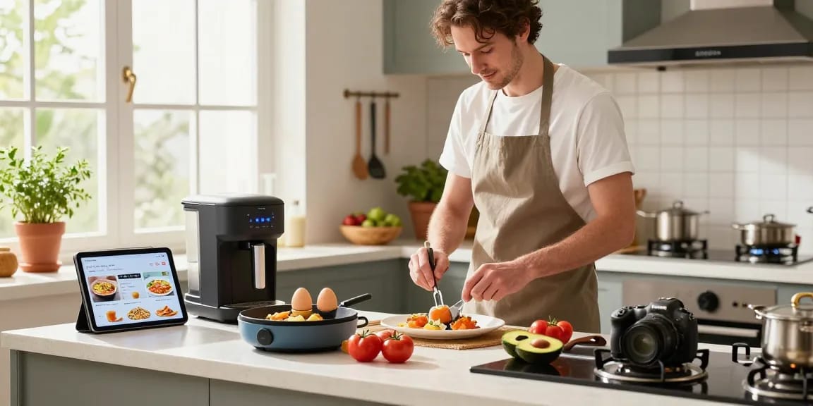 Chef using smart kitchen gadgets like a coffee maker and egg cooker to prepare breakfast in a bright kitchen