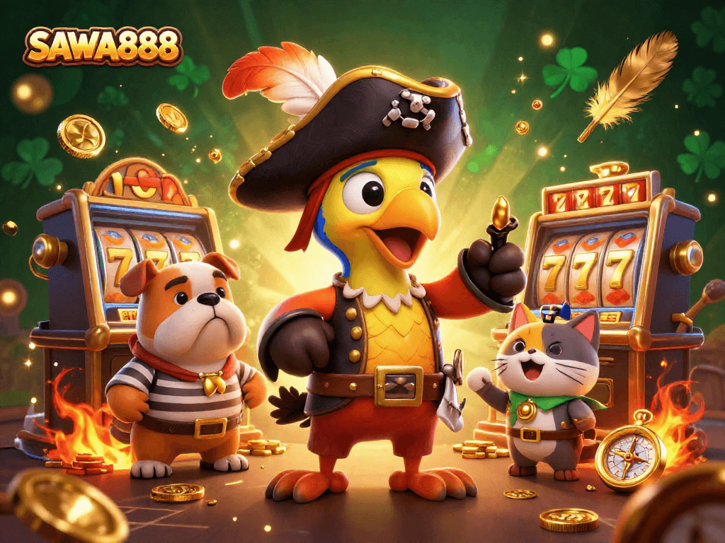 Spin the reels at SAWA888 with 3D characters in a vibrant casino scene full of gold coins.
