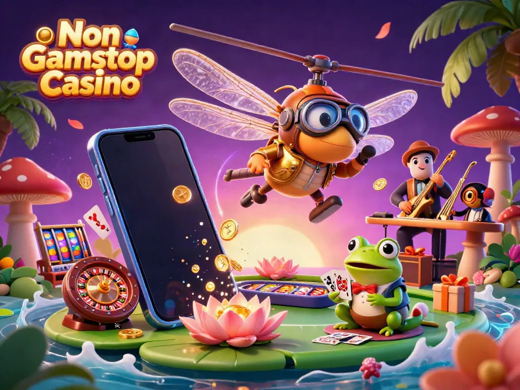 Engage with thrilling games at Non Gamstop Casino, featuring a unique dragonfly pilot and a frog dealer amidst vibrant casino elements.