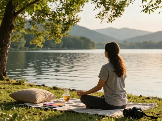 Mindfulness meditation by the lake, promoting mental wellness and encouraging readers to explore why not try this out.