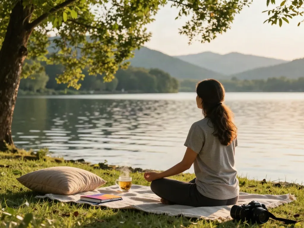Mindfulness meditation by the lake, promoting mental wellness and encouraging readers to explore why not try this out.