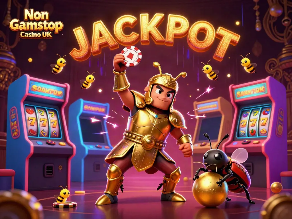 Dynamic scene showcasing a triumphant hero lifting a poker chip at a Non Gamstop Casino UK with vibrant gaming elements.