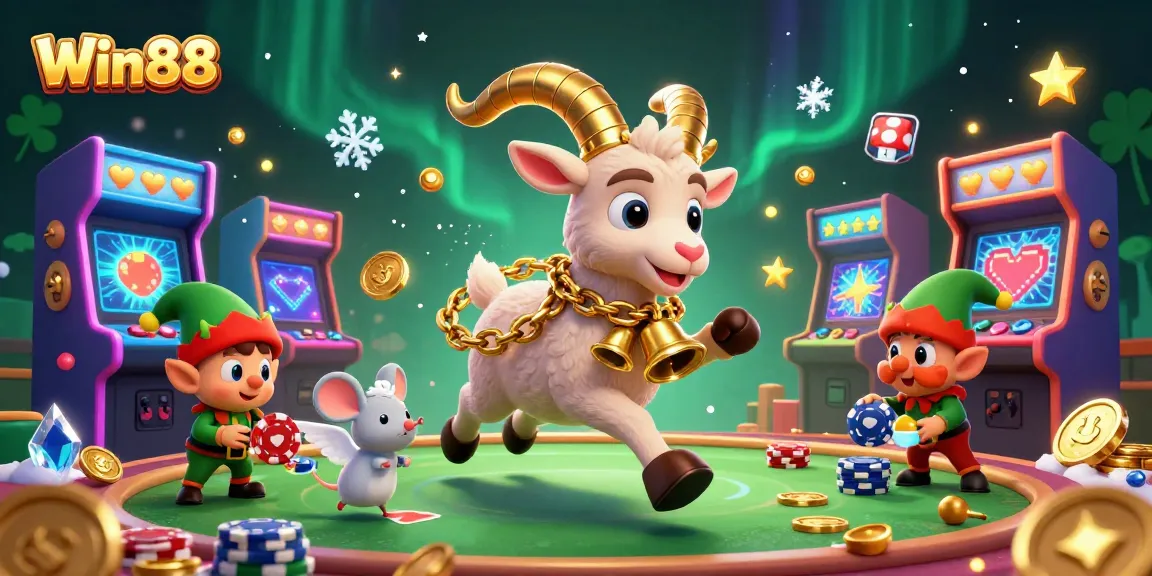 Win88 showcases a lively casino scene with Krampus, angel mouse, and elf gremlins stealing chips.