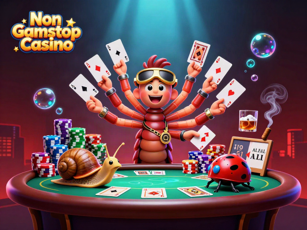 Experience the excitement of Non Gamstop Casino with a cartoon dealer and vibrant poker scene