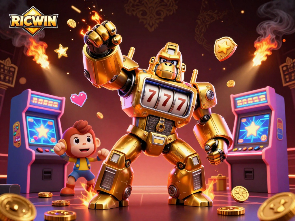 Join the thrilling action at RICWIN with a dynamic 3D scene filled with colorful casino elements.