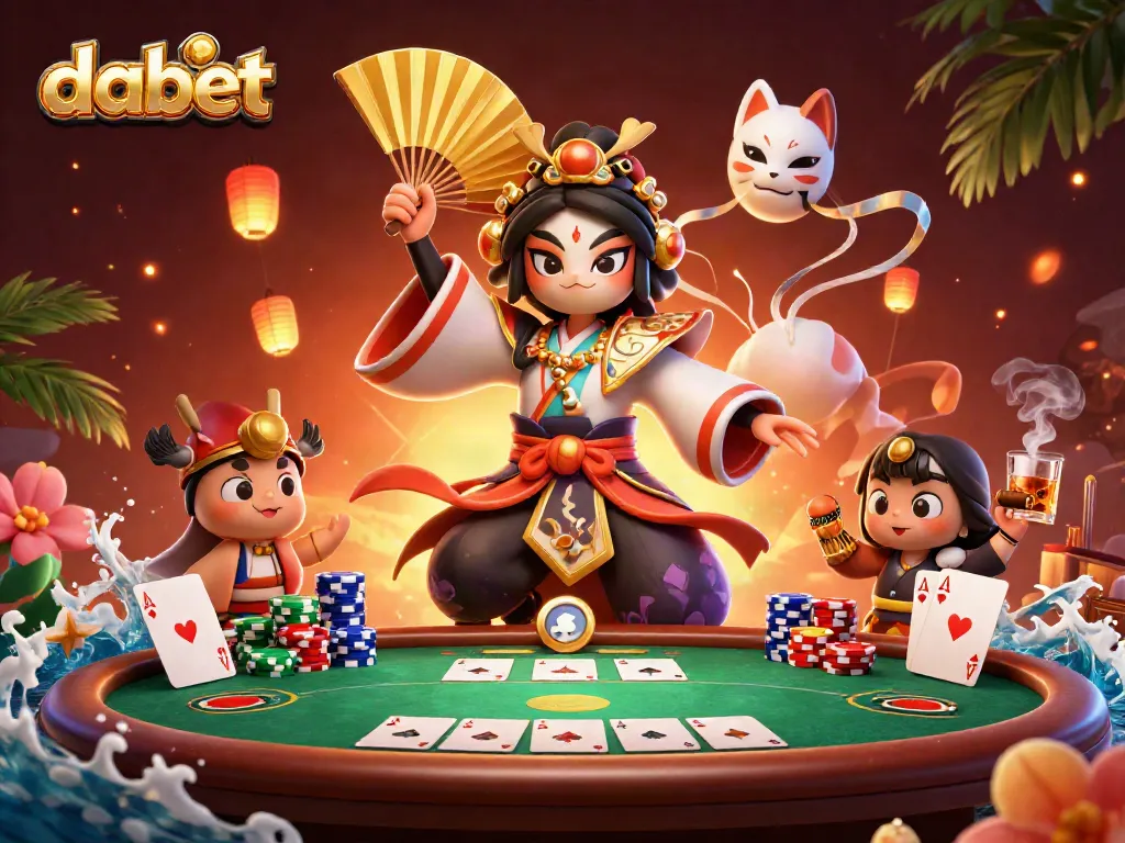 Dabet showcases a vibrant poker scene with a kabuki warrior and kitsune, striking dynamic poses.