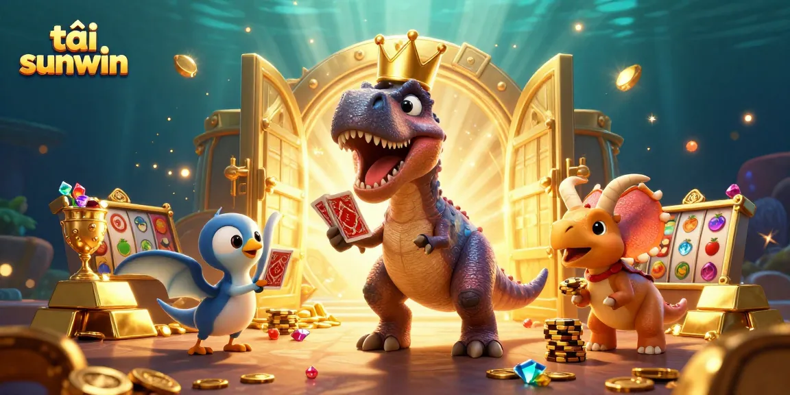 Tải sunwin brings you an action-packed illustration of friendly dinosaurs engaged in card games and casino excitement.
