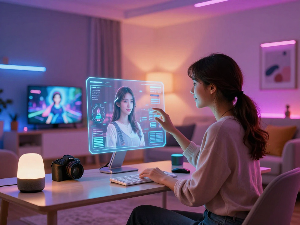 AI girlfriend holographic interaction in a cozy futuristic space.