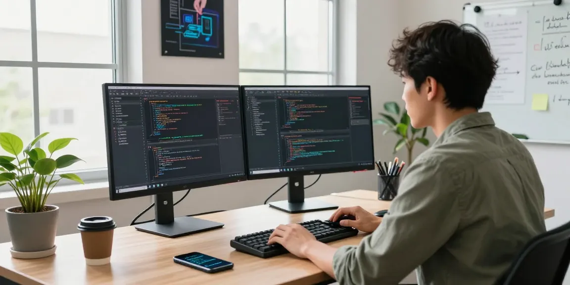 Developer engaged in WhatsApp下載 coding tasks at a modern workspace.