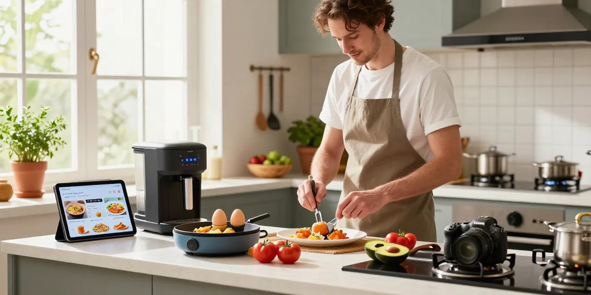 Chef using smart kitchen gadgets like a coffee maker and egg cooker to prepare breakfast in a bright kitchen