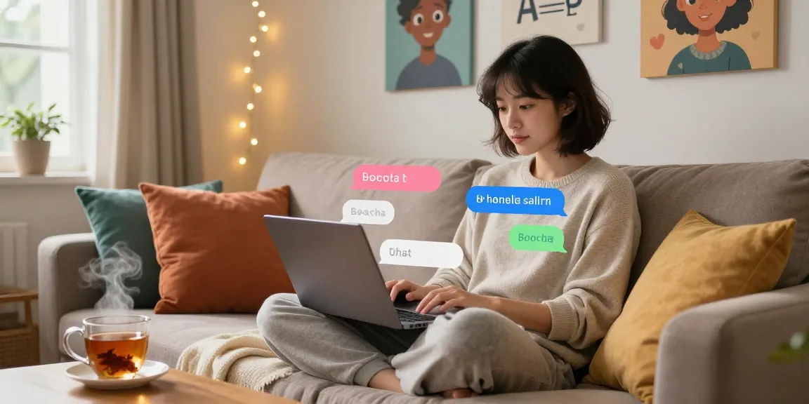 Interactive spicy chat session in a cozy home with animated chat bubbles.