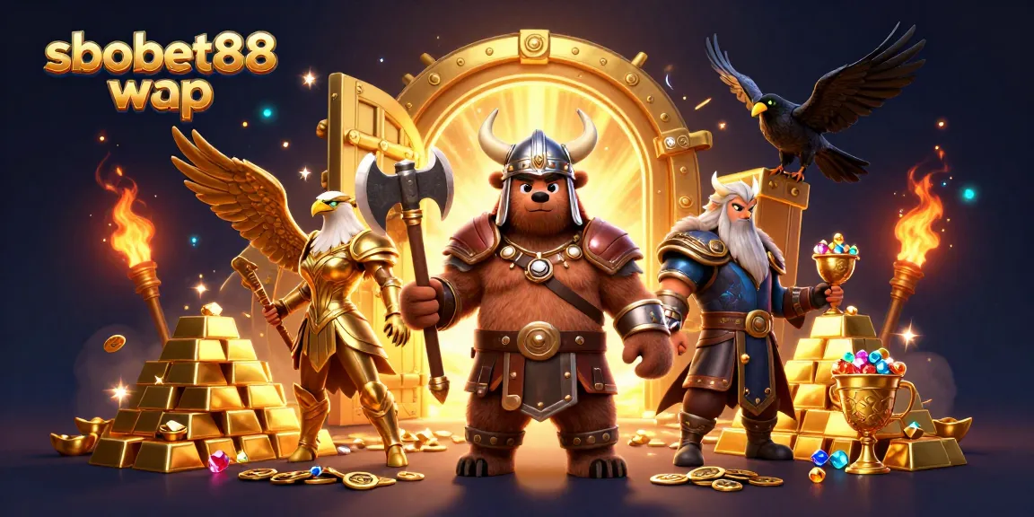 Experience sbobet88 wap with 3D Viking and Valkyrie amidst treasure and gaming elements in a vibrant casino scene.