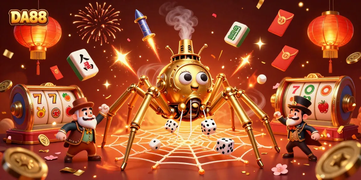 Engage with DA88's captivating casino adventure featuring a golden spider and lucky symbols.