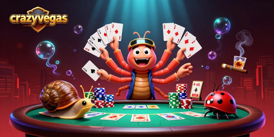 Engage with the excitement at crazyvegas, featuring a colorful dealer and chip stack surrounded by poker elements.
