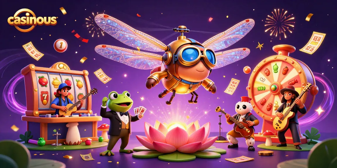 Casinous captures the excitement of online slots with a vibrant casino scene featuring a dragonfly pilot, frog croupier, and jazz musicians.