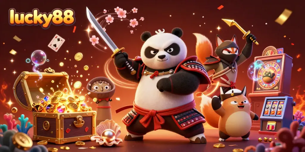 Engage with lucky88's vibrant online casino universe featuring a samurai panda and ninja fox in action.