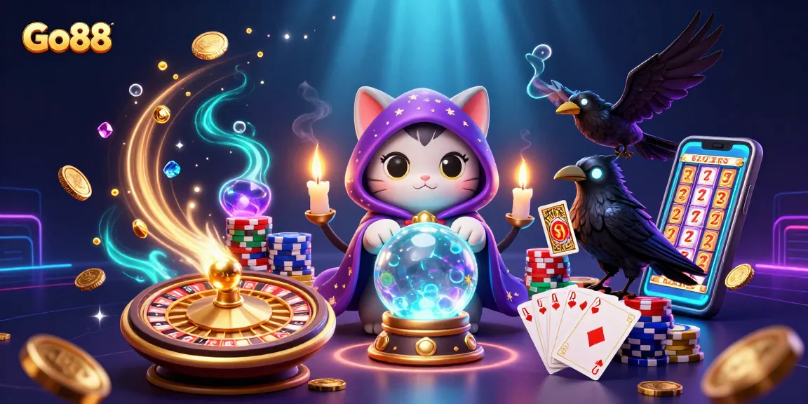 Experience the thrill of Go88 with a mystical cat fortune teller and a tarot raven amidst a vibrant casino scene.