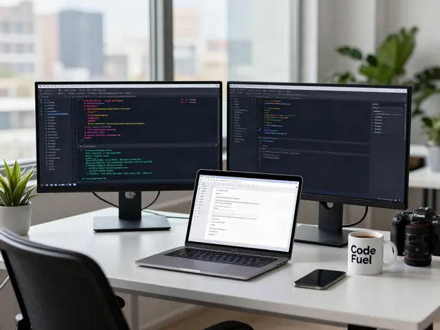 Developer utilizing tools for instant indexing in a modern workspace with code on screens.