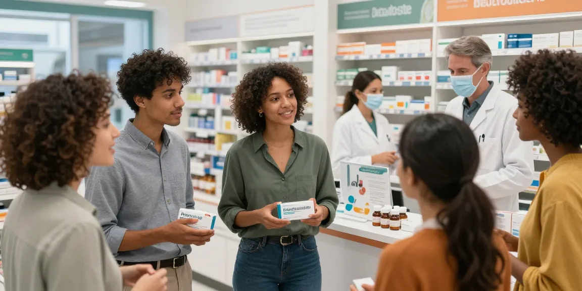 People discussing where to buy retatrutide in a modern pharmacy setting, engaging atmosphere with health products.