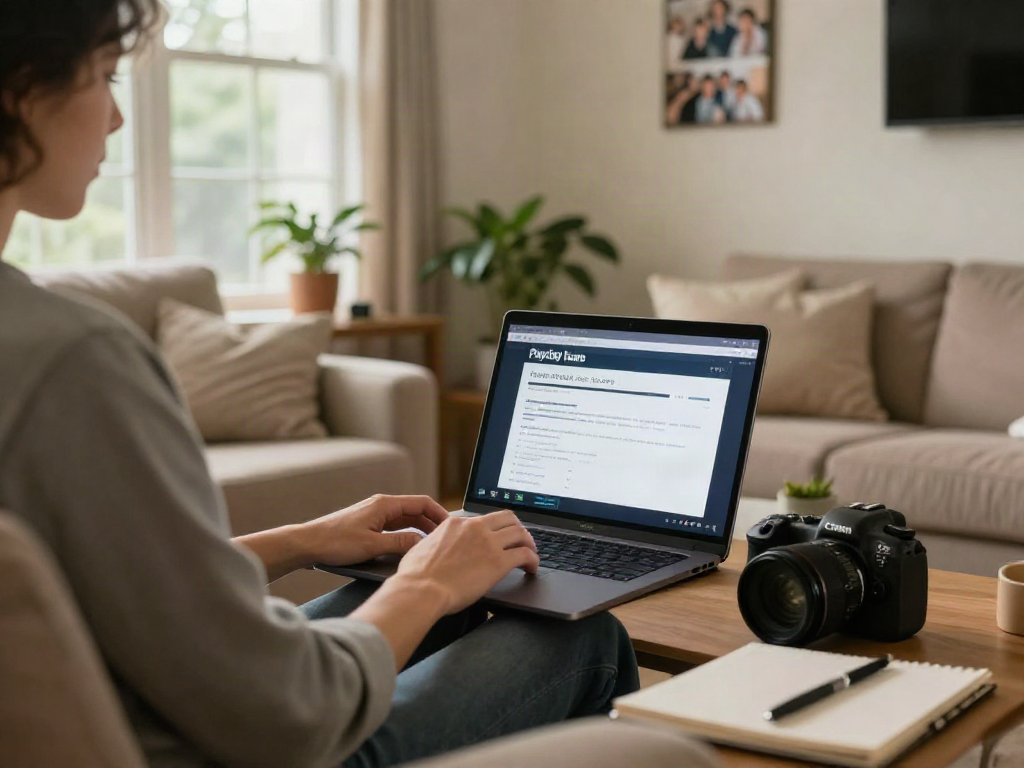 Person applying for payday loans at home via https://red-deer.paydayloans-on.ca/ in a cozy living room.