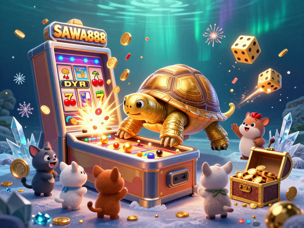 Experience the vibrant world of SAWA888 with thrilling slots and a colossal tortoise pinball machine in action.