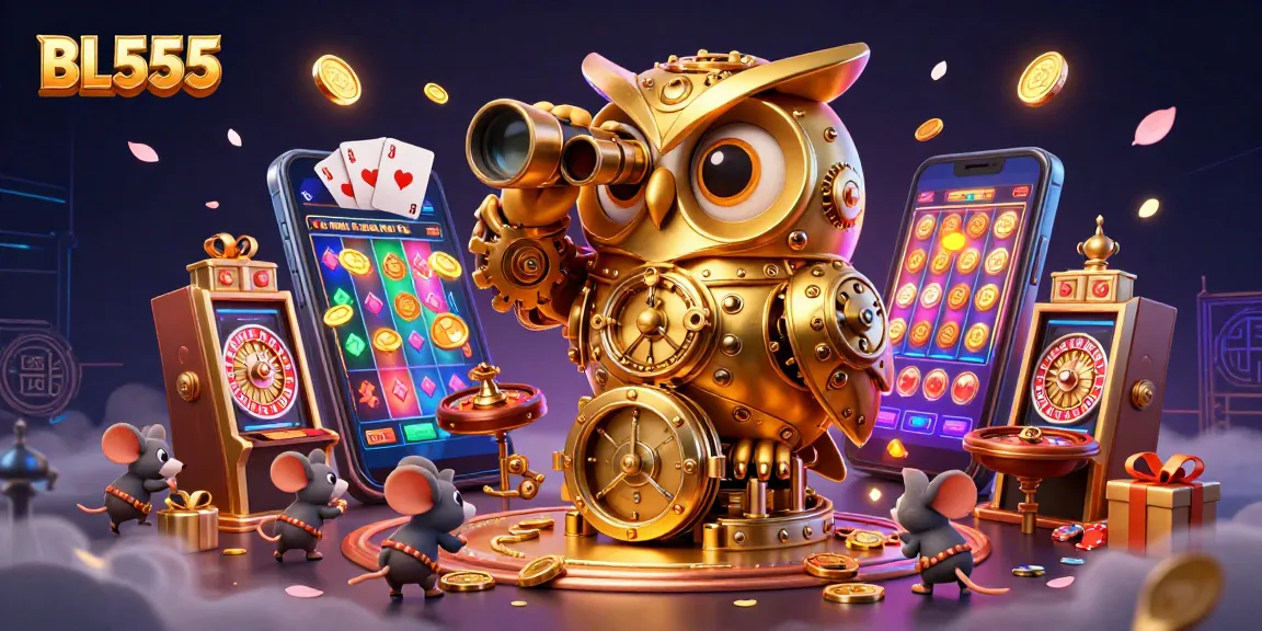 Experience thrilling gaming with BL555, featuring golden owl and lucky symbols in a vibrant casino scene.