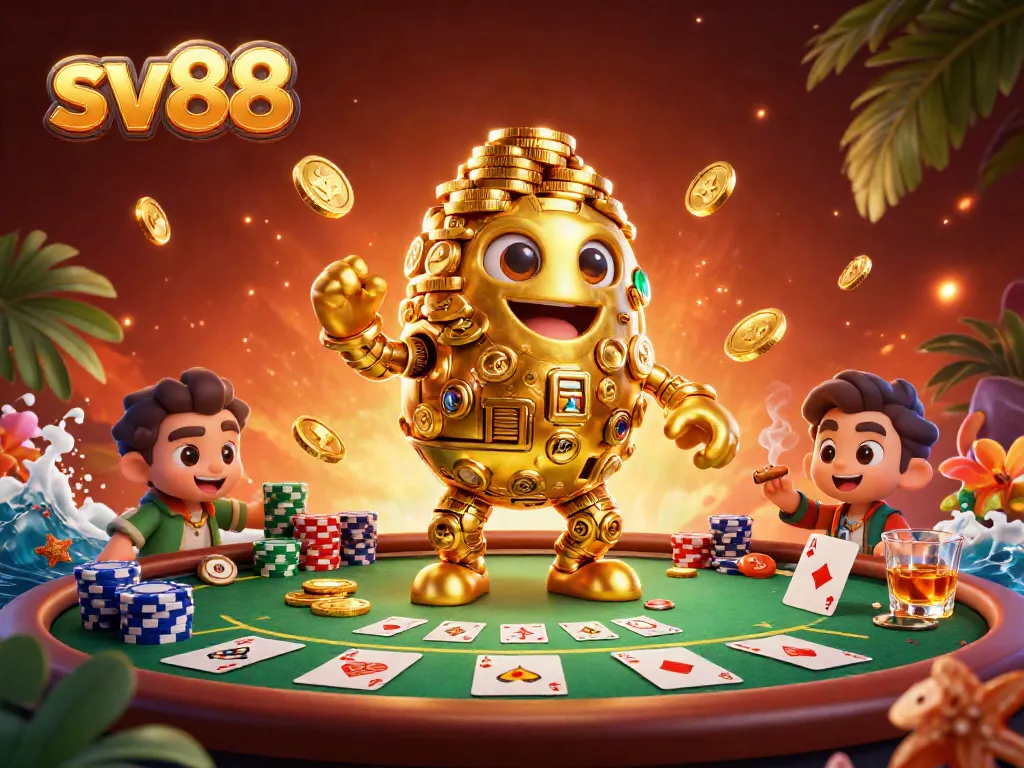 Experience the thrilling atmosphere of sv88 with an enchanting golem surrounded by poker essentials.