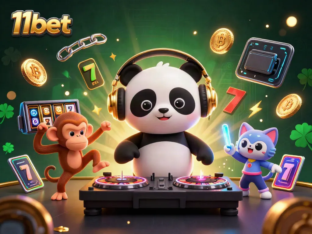 Experience the vibrant casino world with 11bet, highlighted by a DJ panda and lively gaming elements.