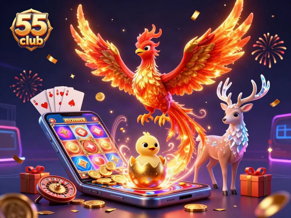 Experience the thrill of 55 club as a fire phoenix soars amidst gaming elements, delivering excitement.