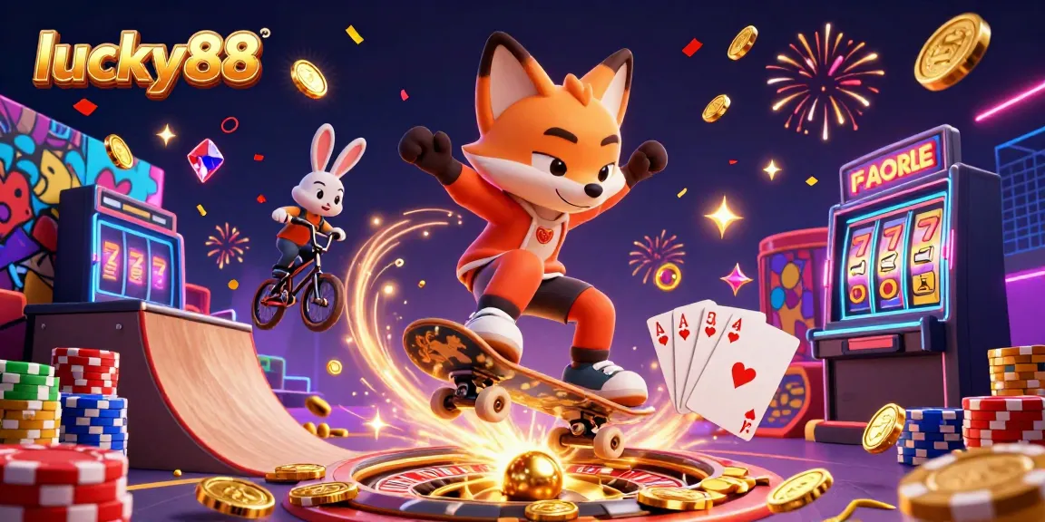 Experience the thrill of lucky88 with playful characters, sparkling gems, and casino elements in vibrant colors.