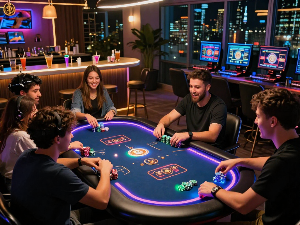 Exciting atmosphere at a crypto casino with diverse players enjoying a poker game.