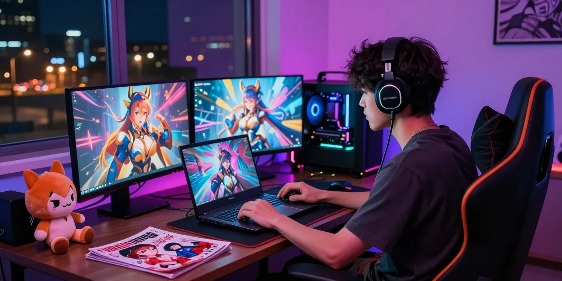 Player immersed in AI hentai games on a gaming laptop in a vibrant setting with colorful lights.