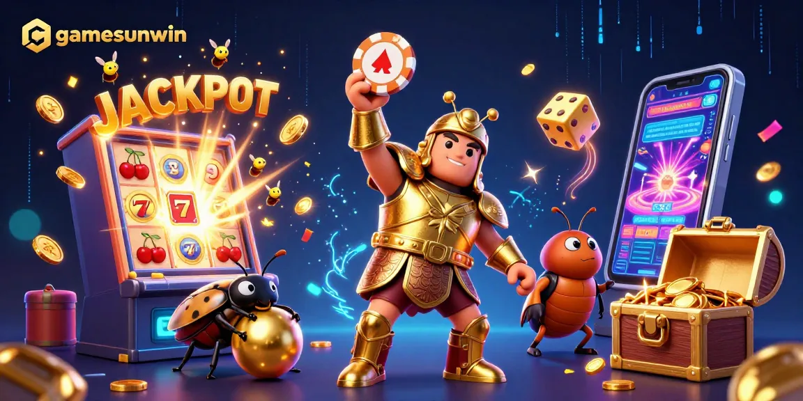 Experience the thrill of gamesunwin with a dynamic jackpot scene, featuring vibrant casino elements and characters.