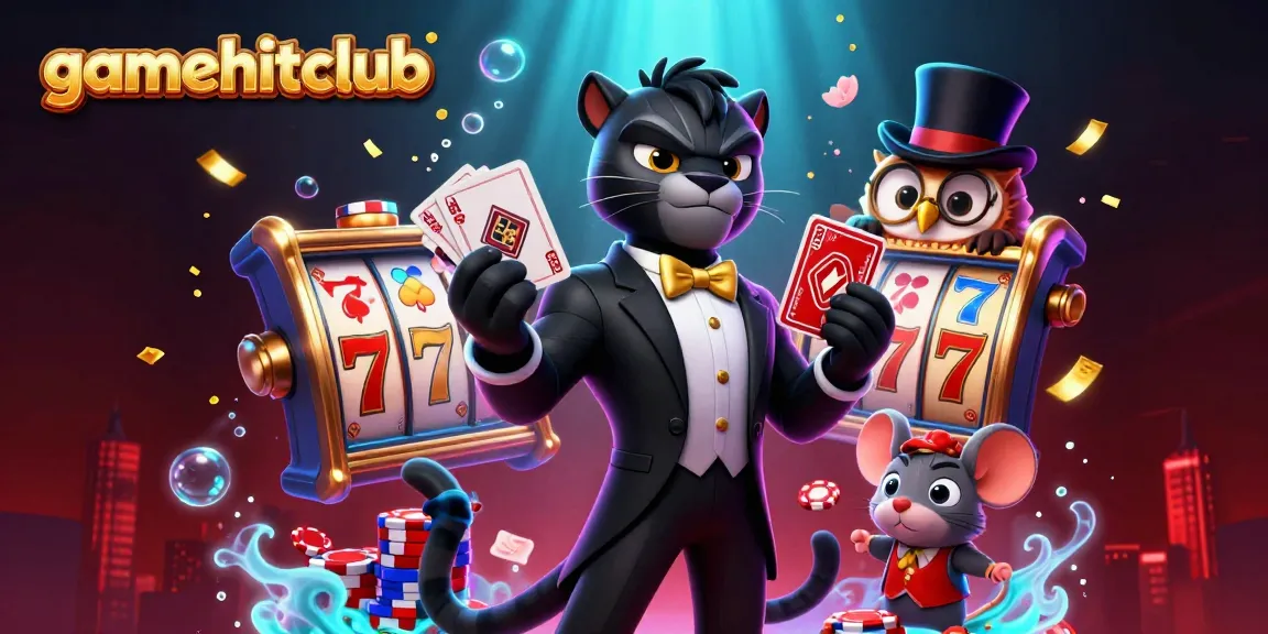 gamehitclub showcases a lively casino scene with a stylish panther dealer and his playful companions.